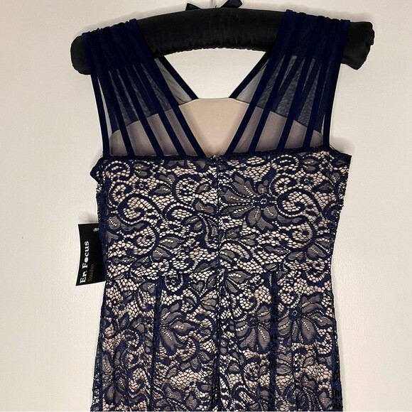 En Focus Dress Lace Overlay Rhinestone Long Gown Prom Formal New Navy Blue 4 - Picture 11 of 13